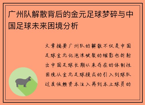 广州队解散背后的金元足球梦碎与中国足球未来困境分析